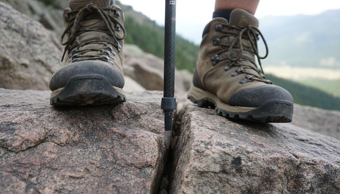 Hiking boots and trekking poles on uneven stone terrain
