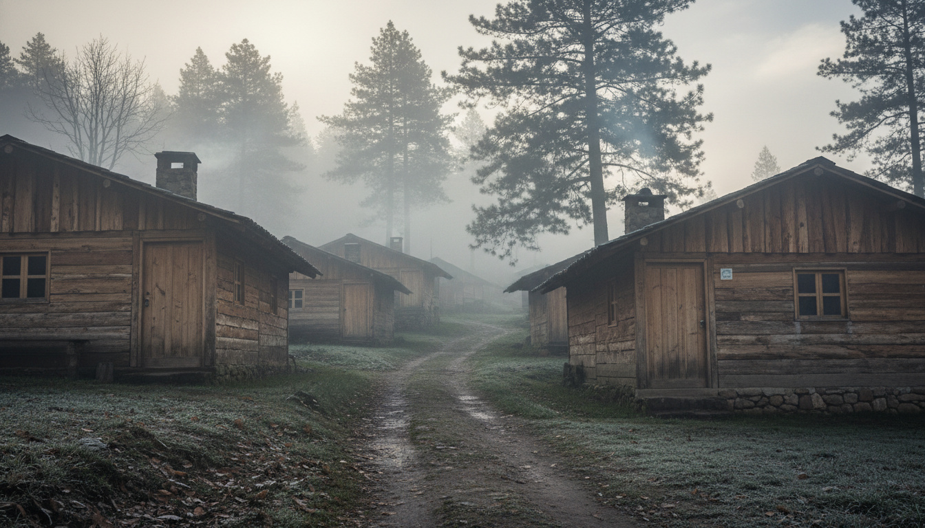 Wooden cabins in Latuvi village surrounded by morning fog