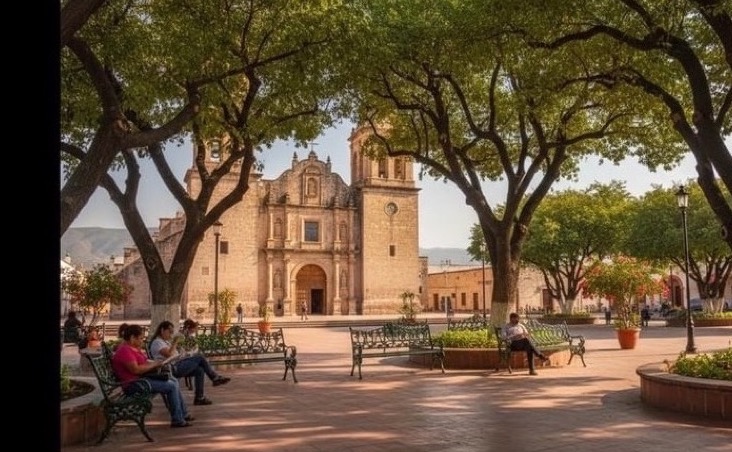 Benches and arcades around Linares Plaza de Armas during a warm April afternoon