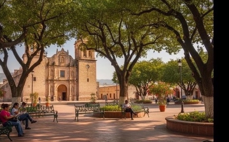 Linares Plaza de Armas with shade and April afternoon light in Nuevo Leon