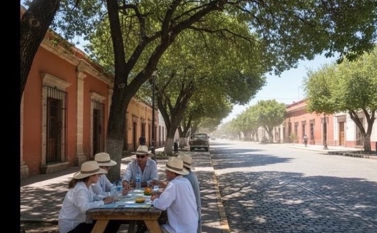 Quiet Linares sidewalk with April sun and shade near low colonial buildings
