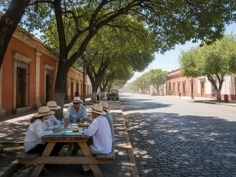 Quiet Linares sidewalk with strong August sun and shade from low colonial buildings