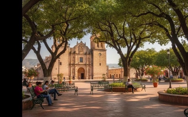 Shaded benches and arcades around Linares Plaza de Armas during a dry December afternoon