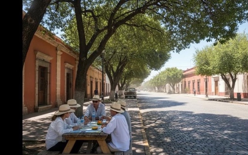 Quiet Linares sidewalk with December sun and shade from low colonial buildings