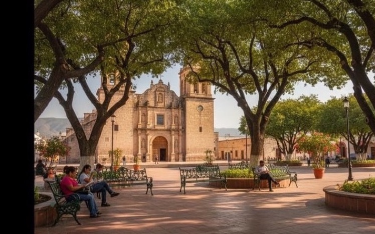 Benches and arcades around Linares Plaza de Armas during a February afternoon