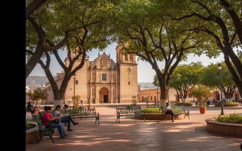 Shaded benches and arcades around Linares Plaza de Armas during a January afternoon