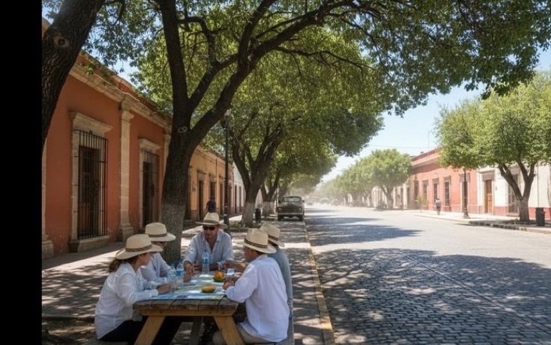 Quiet Linares sidewalk with January sun and shade from low colonial buildings