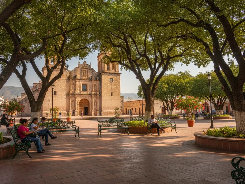 Shaded benches and arcades around Linares Plaza de Armas during a hot July afternoon