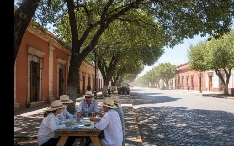 Quiet Linares sidewalk with March sun and shade near low colonial buildings