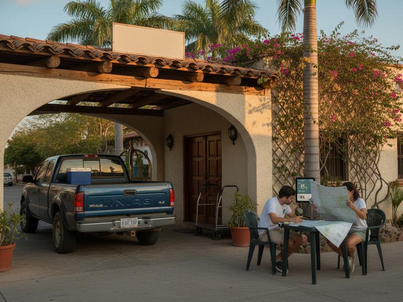 Small Linares hotel entrance with parked cars and shaded awning near the road
