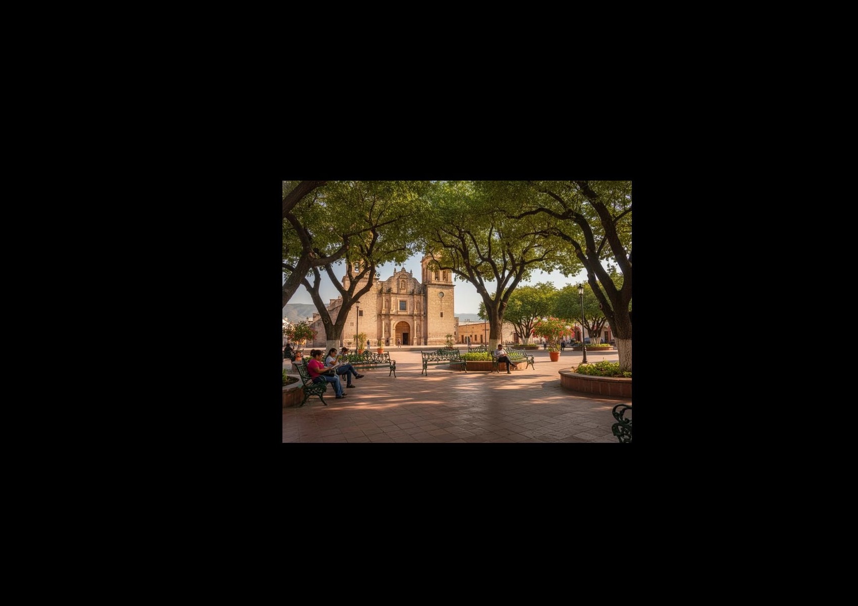 Shaded benches and arcades around Linares Plaza de Armas during a dry November afternoon