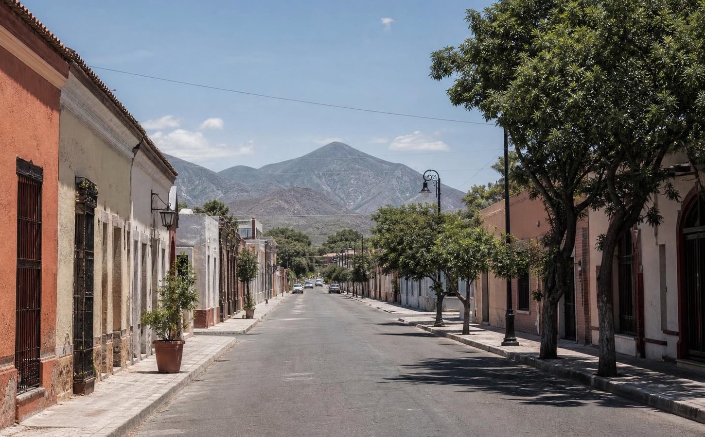Sunny November street near Linares historic center with road-trip access south of Monterrey