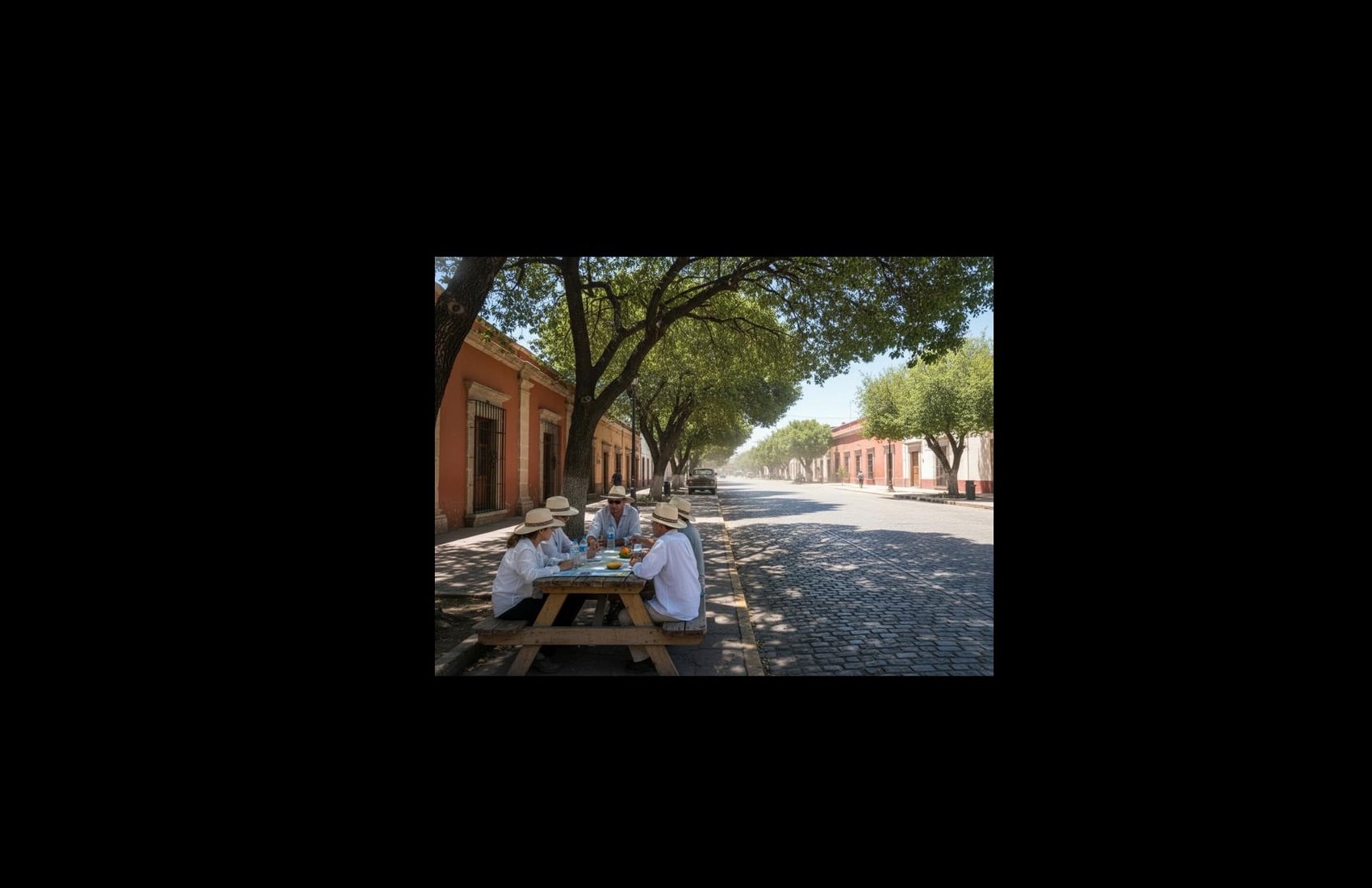 Quiet Linares sidewalk with November sun and shade from low colonial buildings