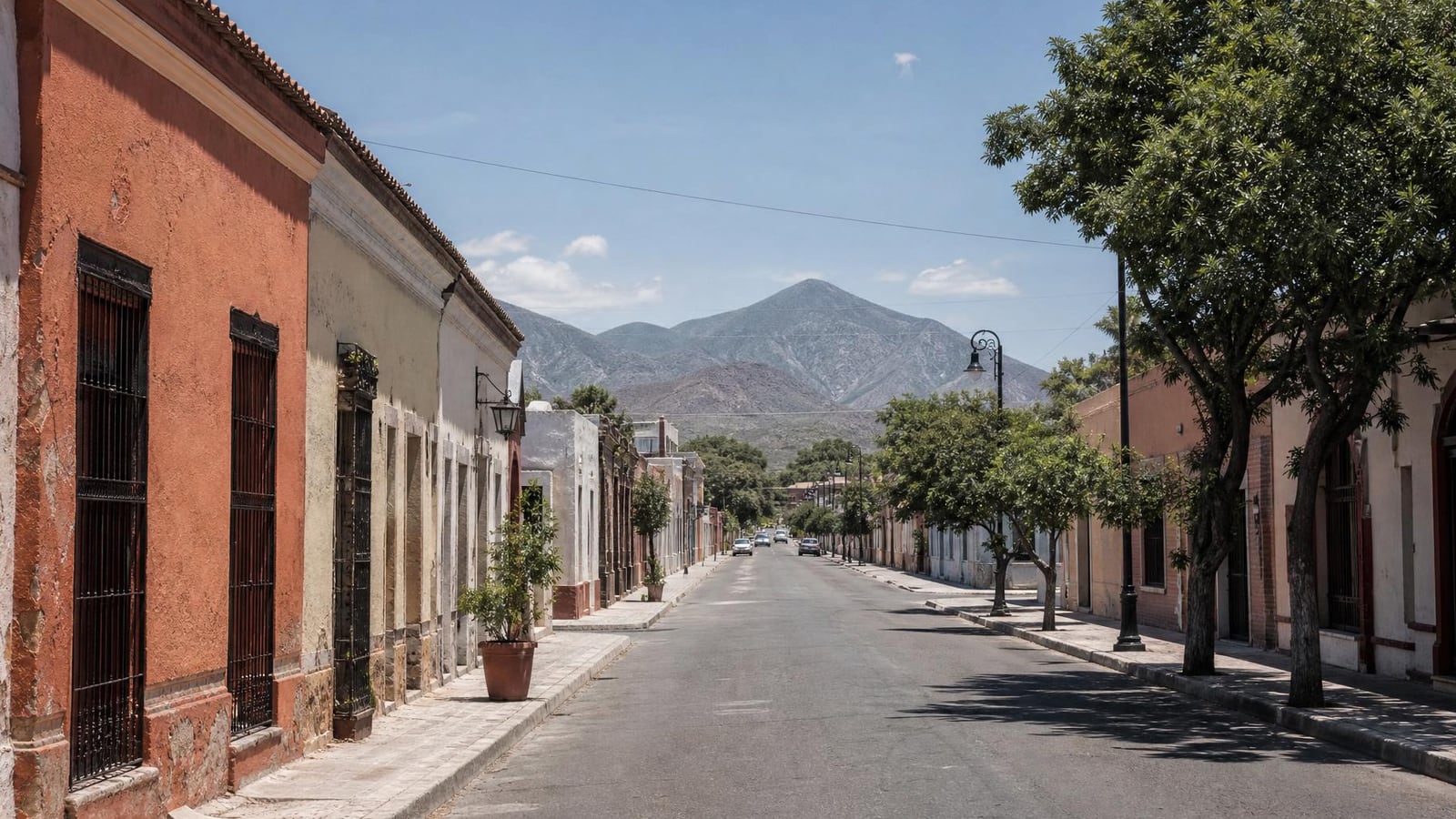 Sunny October street near Linares historic center with Sierra Madre foothills beyond Nuevo Leon rooftops