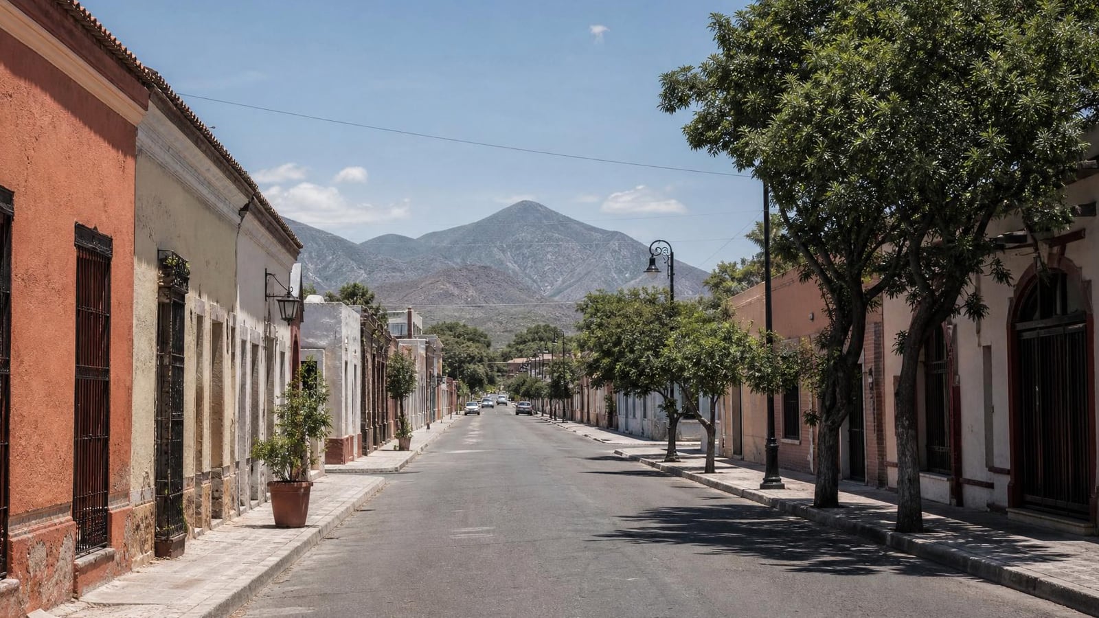 Sunny October street near Linares historic center with road-trip access south of Monterrey