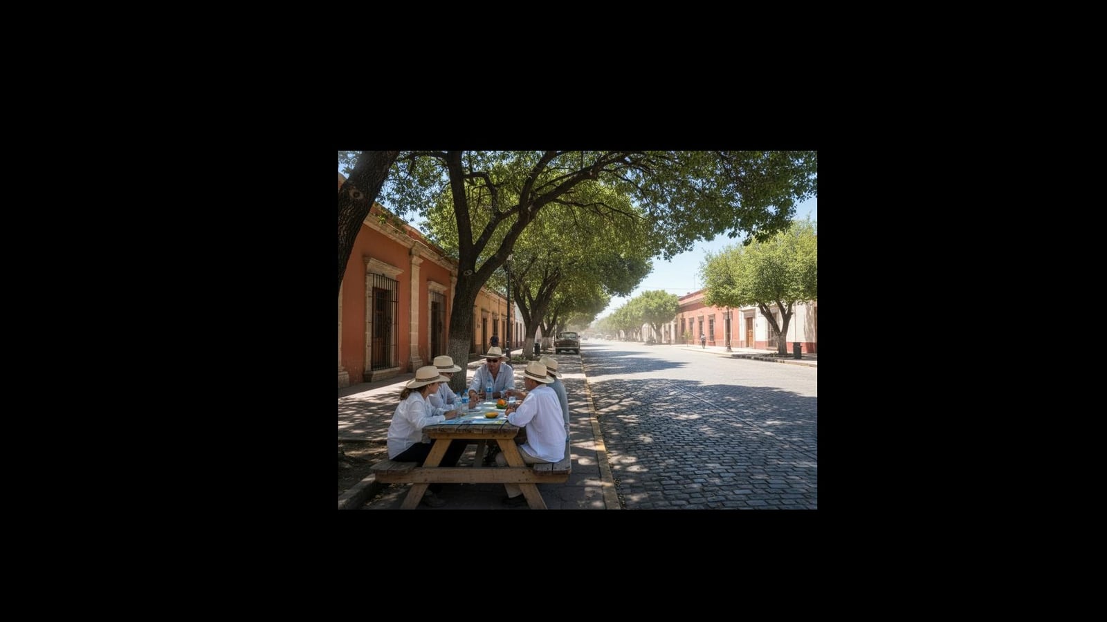 Quiet Linares sidewalk with strong October sun and shade from low colonial buildings