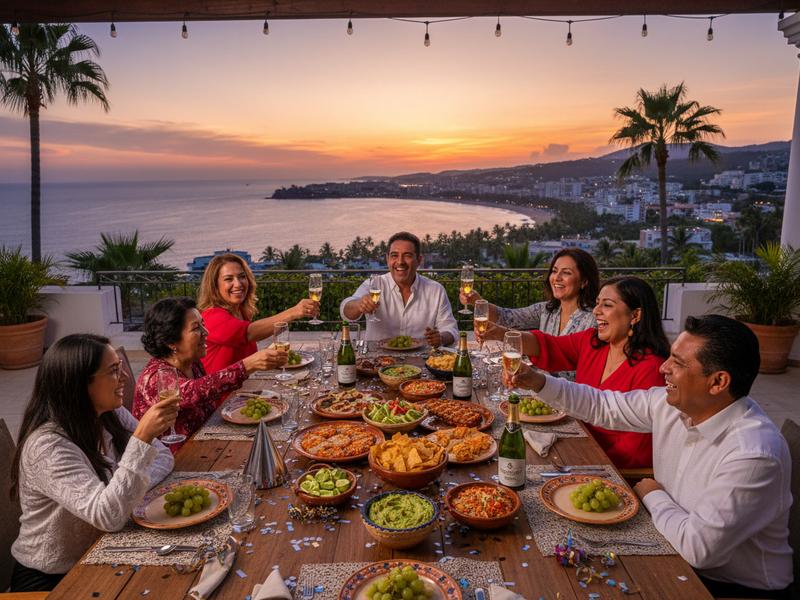 Family New Year’s Eve dinner overlooking Manzanillo Bay at sunset