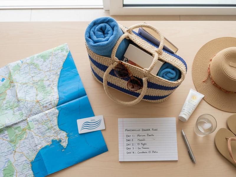 Beach bag bay map hotel key and dinner plan for four days in Manzanillo at New Year