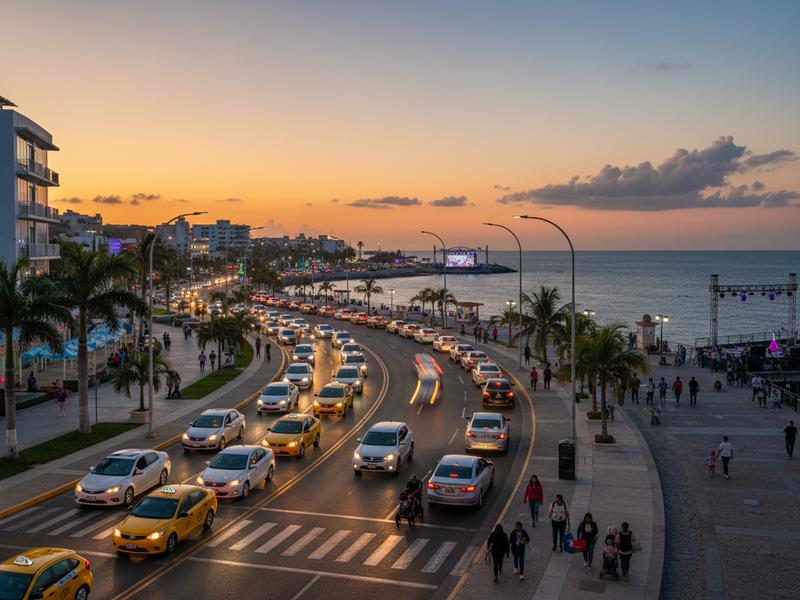Cars taxis and pedestrians moving between Manzanillo and Santiago bays at dusk