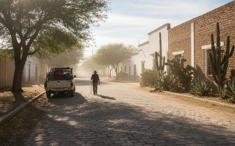 Bright Matehuala street scene with sparse shade during a warm April afternoon