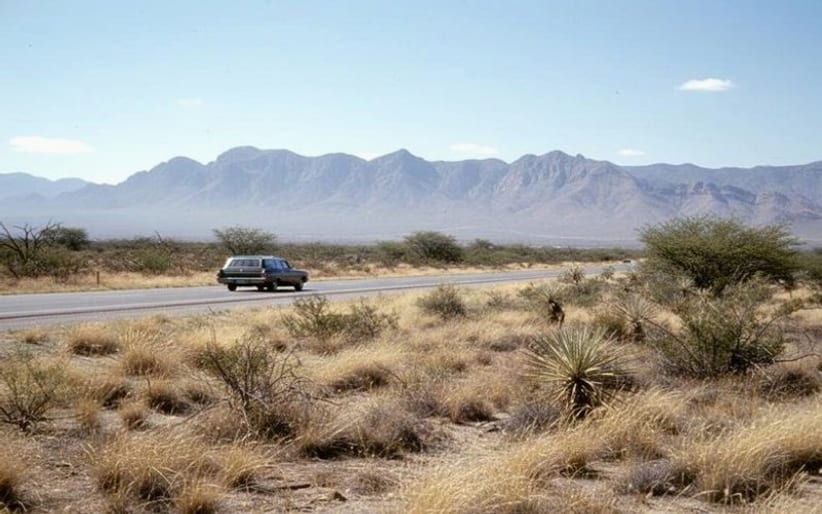 Open desert highway outside Matehuala with dry roadside scrub during August travel season