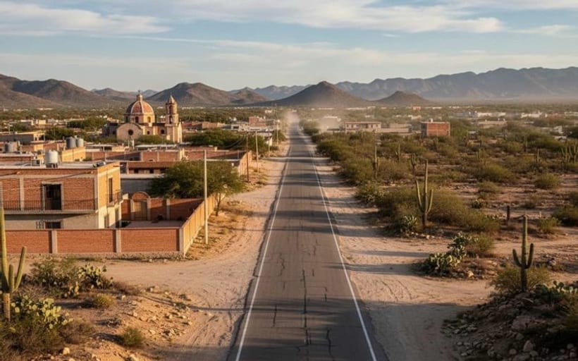 High-desert road near Matehuala under strong August sun before the route toward Real de Catorce