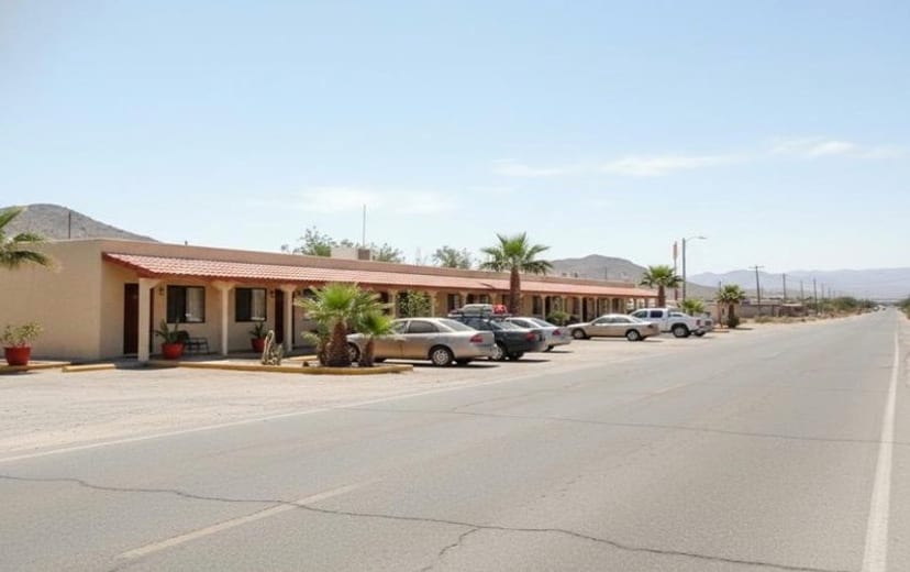 Roadside Matehuala hotel entrance with parking for an August desert road trip