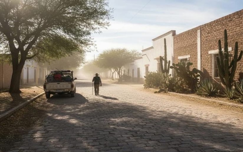 Bright Matehuala street scene with sparse shade during a hot August afternoon