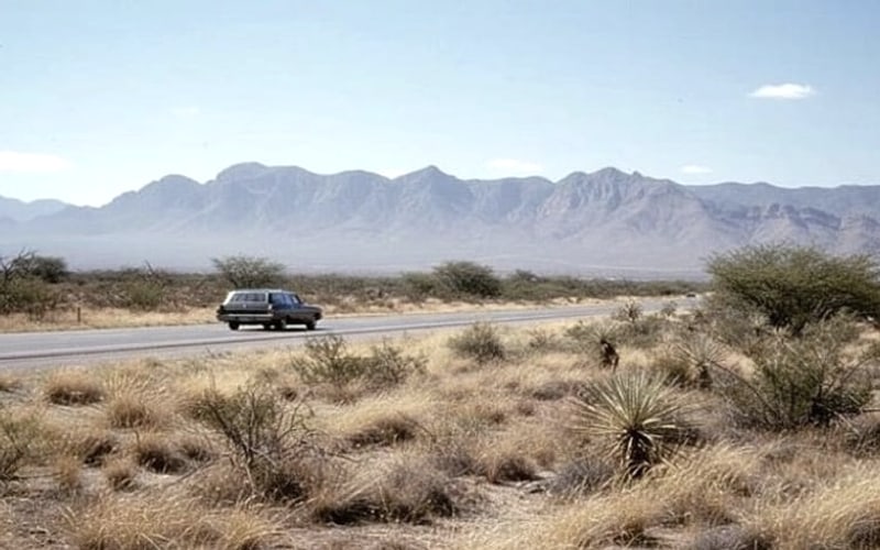 Open desert highway outside Matehuala during dry December travel season