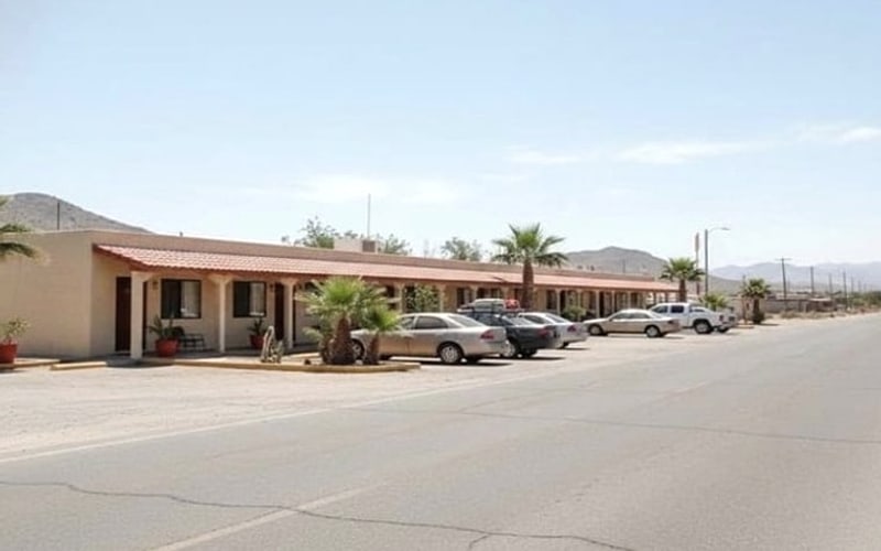 Roadside Matehuala hotel entrance with parking for a December desert road trip