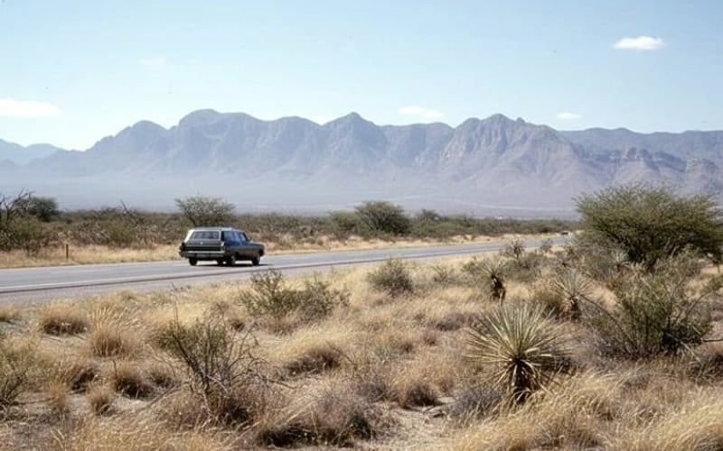 Open desert landscape outside Matehuala during a dry February road trip