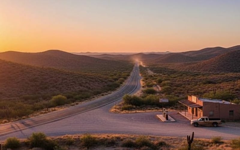 Clear February road-trip light near Matehuala after a practical high-desert travel day