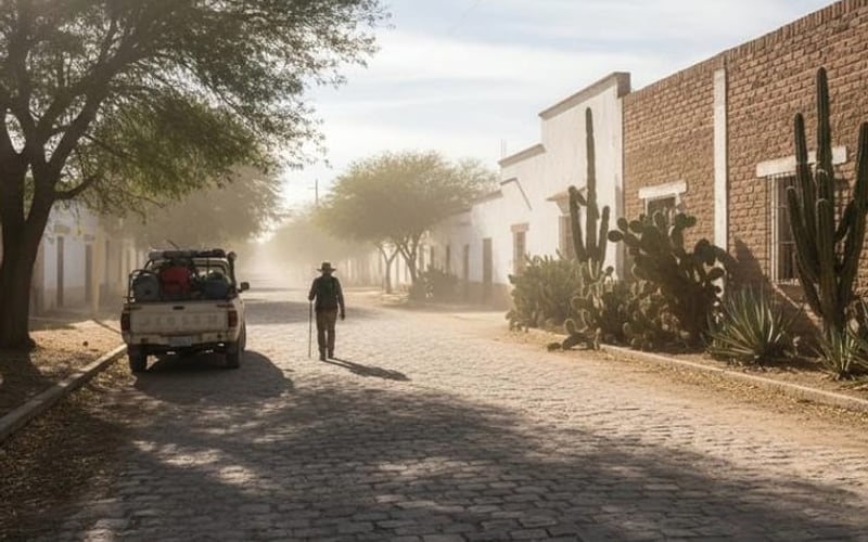 Bright February street in Matehuala with dry high-desert light and limited shade