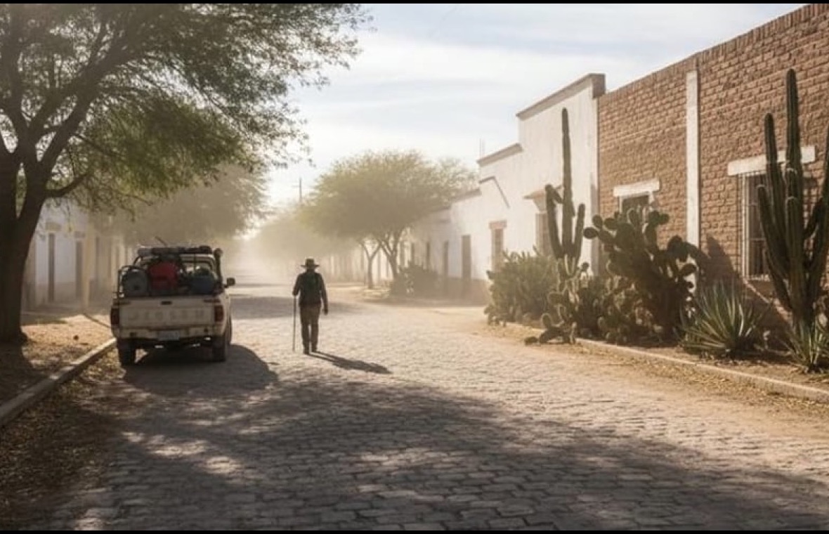 Bright January street in Matehuala with dry high-desert light and limited shade