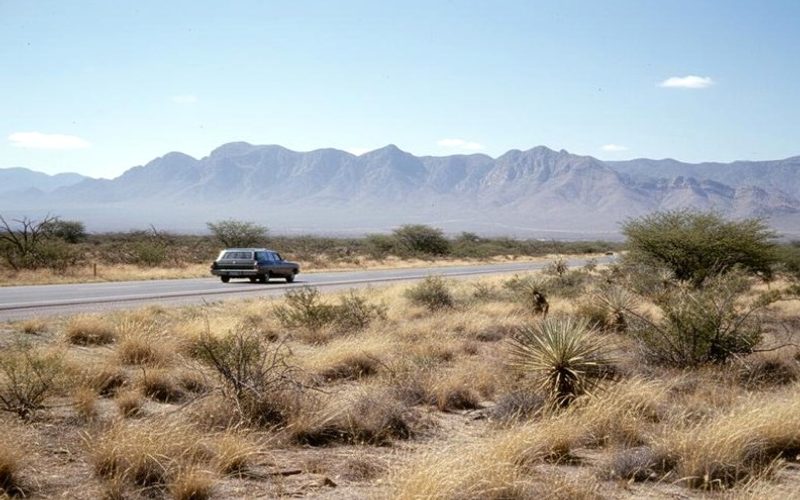 Open desert highway outside Matehuala with dry roadside scrub during July travel season