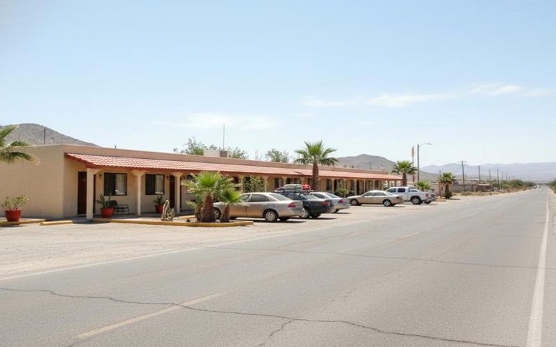 Roadside Matehuala hotel entrance with parking for a July desert road trip