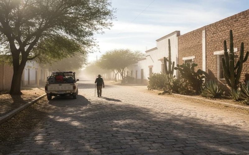 Bright Matehuala street scene with sparse shade during a hot July afternoon