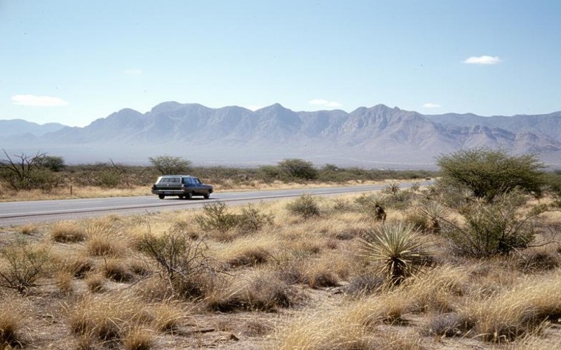 Open desert highway outside Matehuala with dry roadside scrub in June