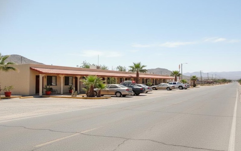 Roadside Matehuala hotel entrance with parking for a June desert road trip