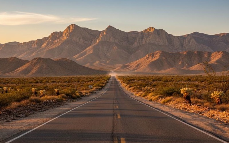 Desert road from Matehuala toward Real de Catorce with mountains in June light