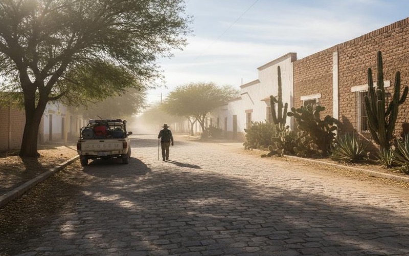 Bright Matehuala street scene with sparse shade during a hot June afternoon