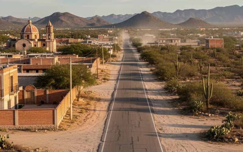 Dry high-desert road near Matehuala in March before the route toward Real de Catorce