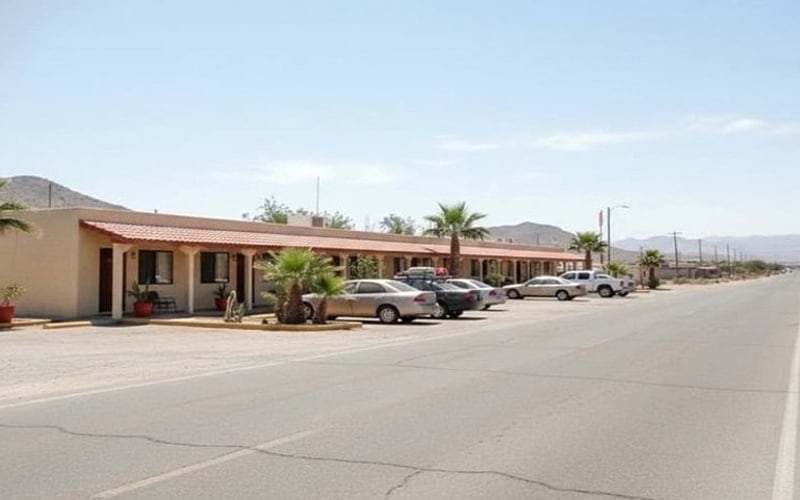 Roadside Matehuala hotel entrance with parking for a November desert road trip