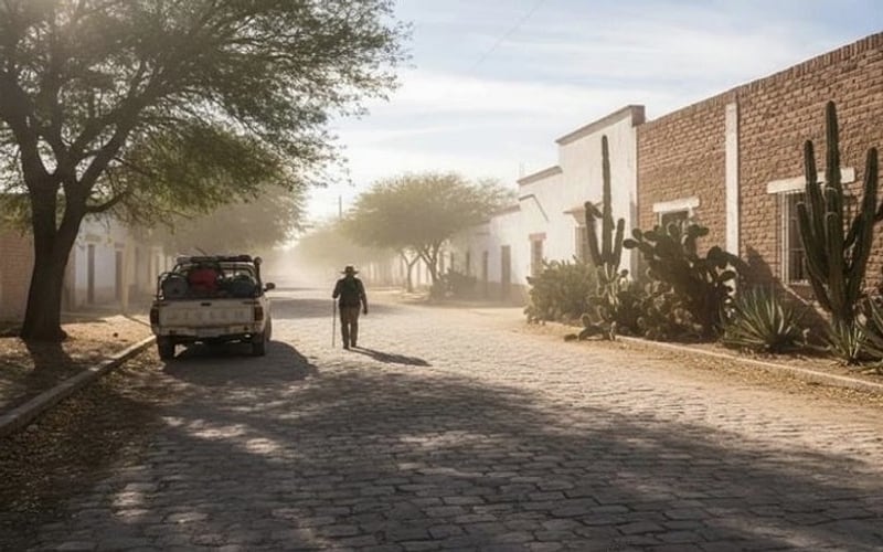 Bright Matehuala street scene with dry November light and limited shade