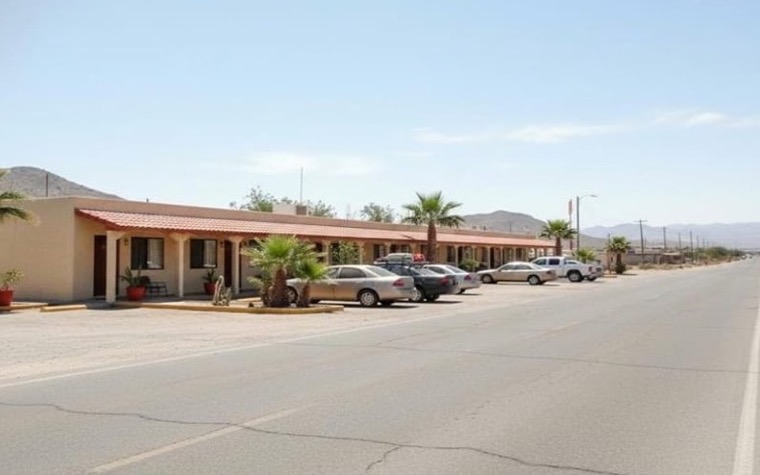 Roadside Matehuala hotel entrance with parking for an October desert road trip