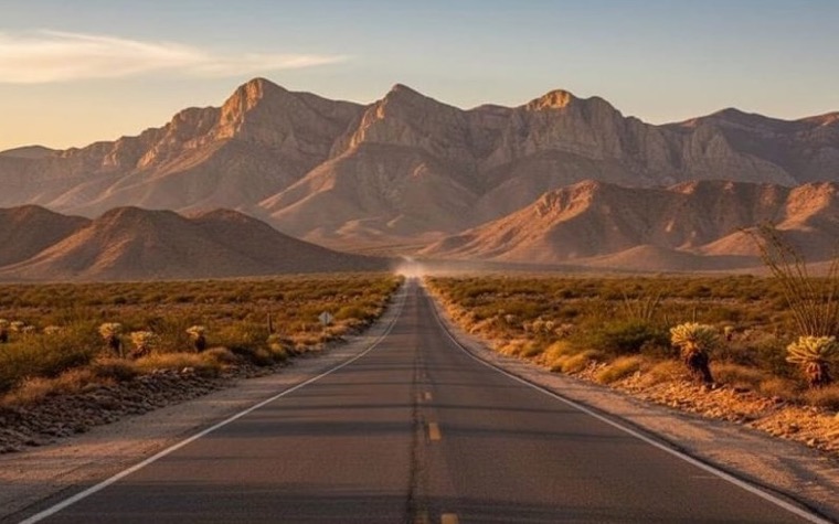 Desert road from Matehuala toward Real de Catorce with clear October mountain light
