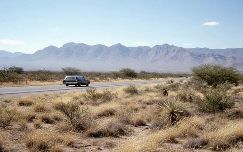 Open desert highway outside Matehuala with dry roadside scrub during September travel season