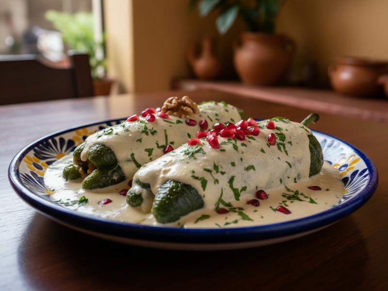 Chiles en nogada plate with walnut sauce and pomegranate for Mexican Independence Day