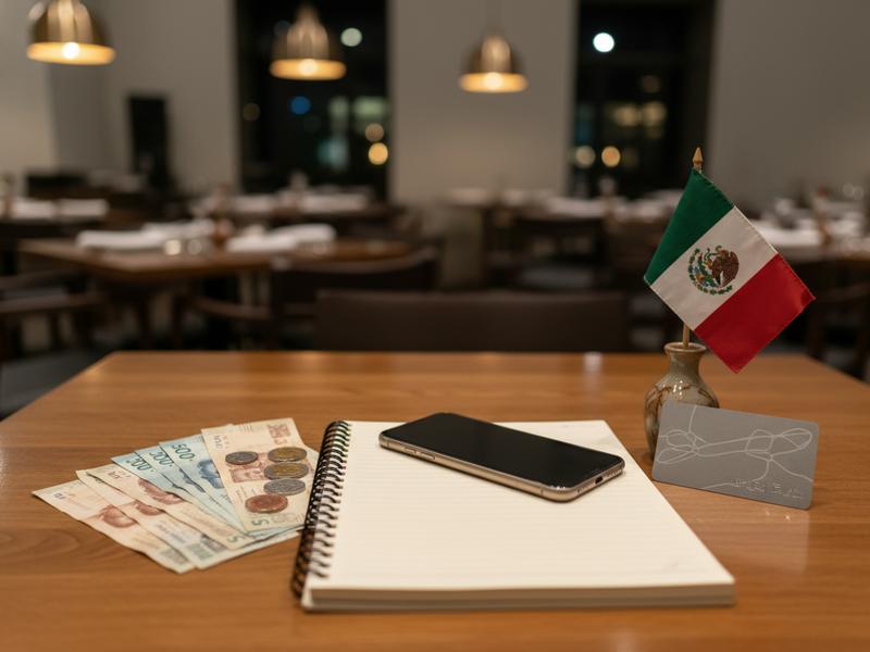 Restaurant reservation notes pesos and Mexican flag decoration for a September food trip