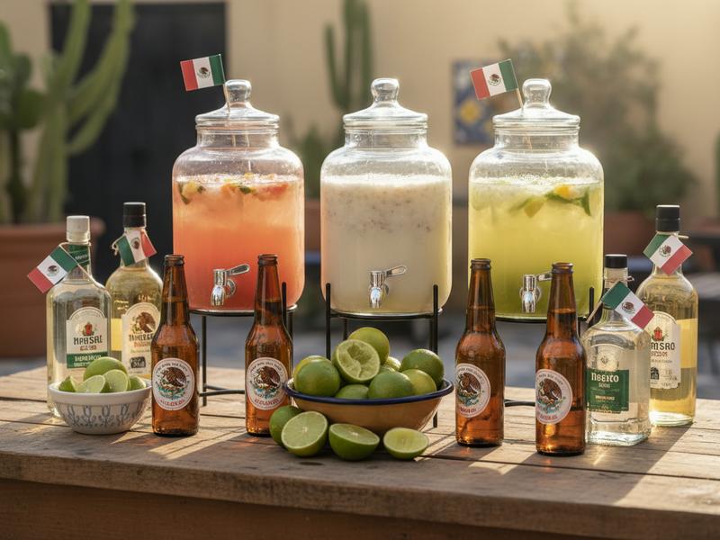 Aguas frescas beer tequila and mezcal arranged for a Mexican Independence Day meal